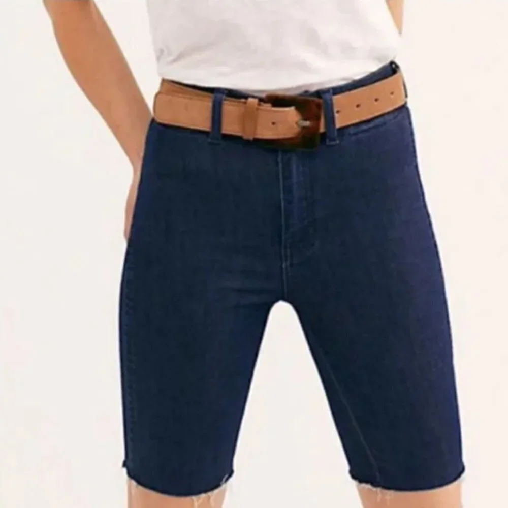 NEW Free People So Chic Denim Biker Shorts in Cobalt Dark Wash Cutoff Hem 26